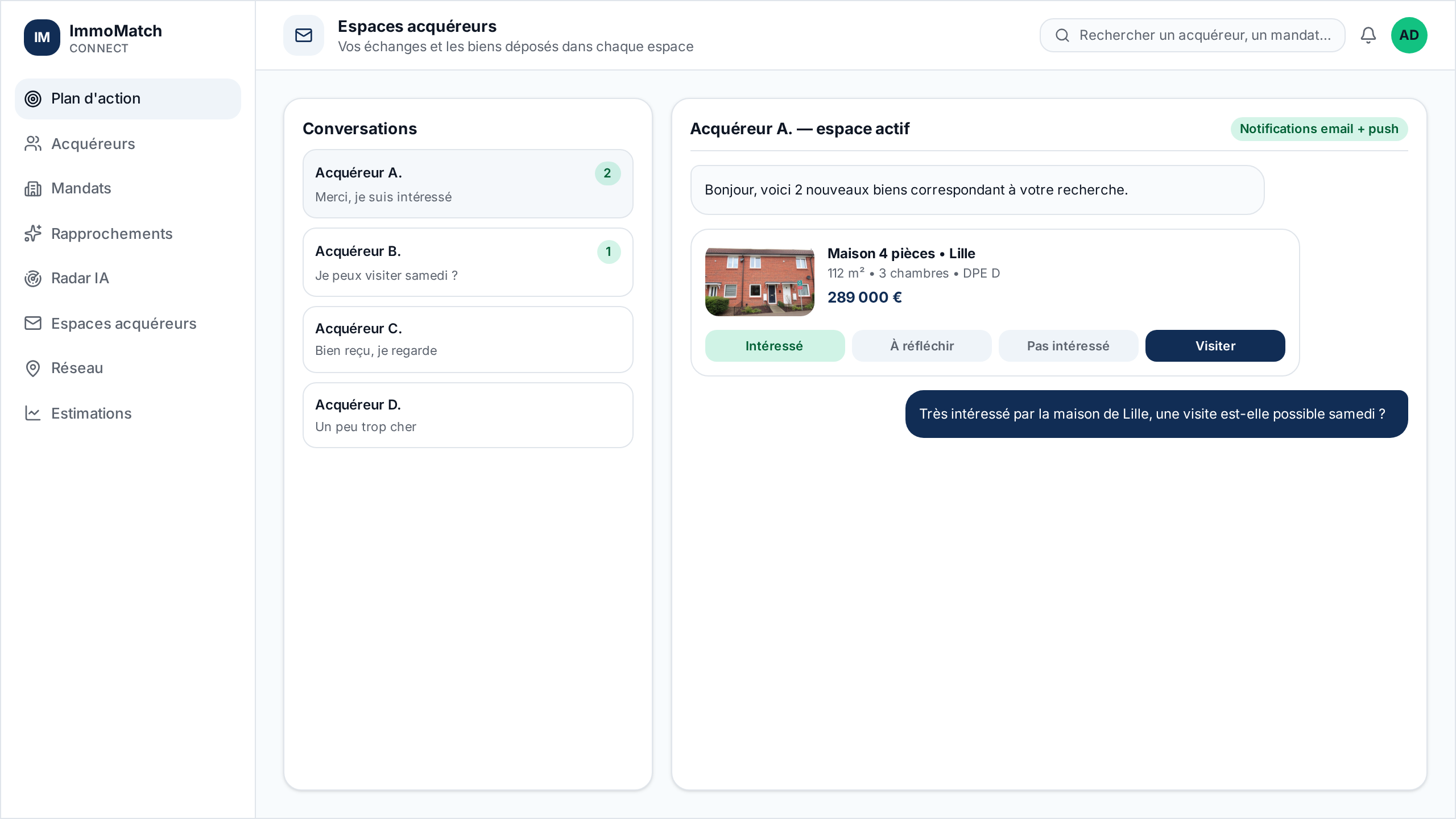 Aperçu de l'espace acquéreur d'ImmoMatch Connect
