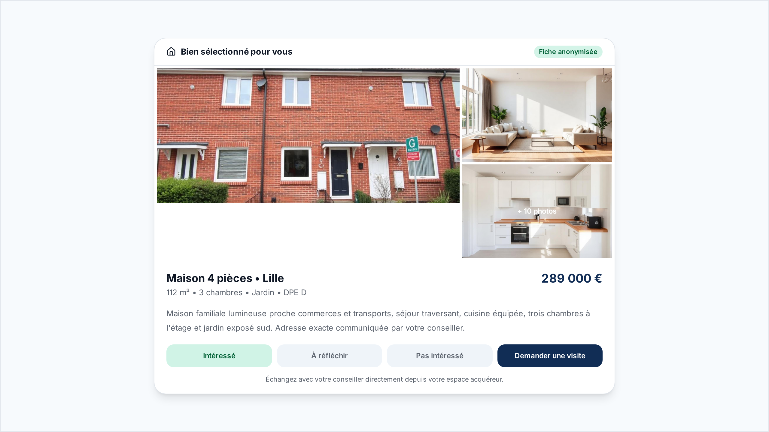 Aperçu d'une fiche bien anonymisée envoyée à un acquéreur