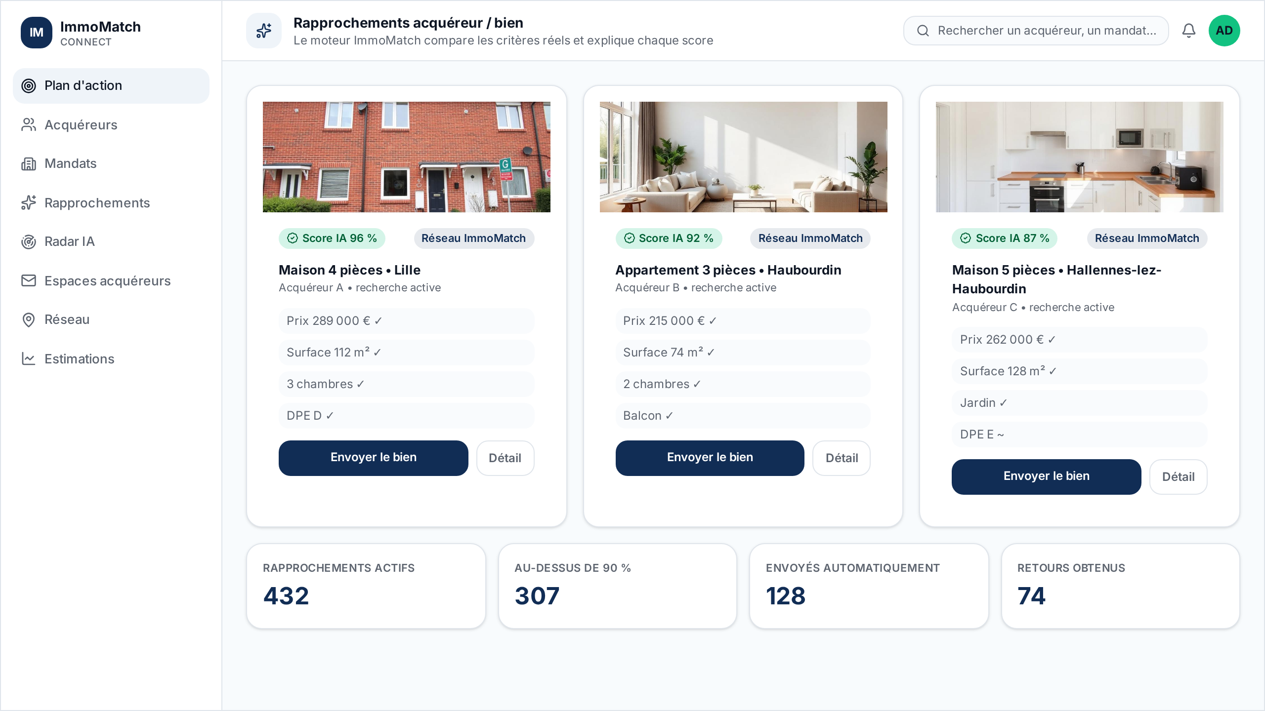 Aperçu des rapprochements acquéreur / bien d'ImmoMatch Connect